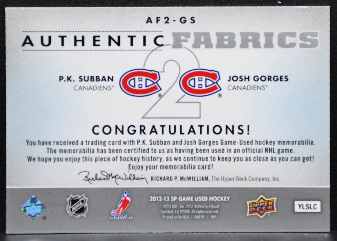 2012-13 SP Game Used Dual Authentic Jersey Subban/Gorges Canadiens Jersey 4255