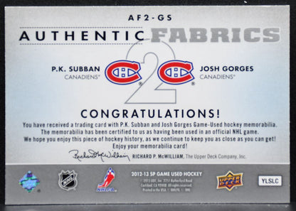 2012-13 SP Game Used Dual Authentic Jersey Subban/Gorges Canadiens Jersey 4255