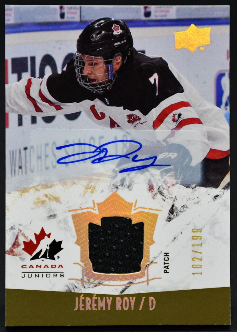 Écusson autographié de l'équipe junior canadienne UD 2015-2016, Jeremy Roy, numéro 129, numéro 102/199