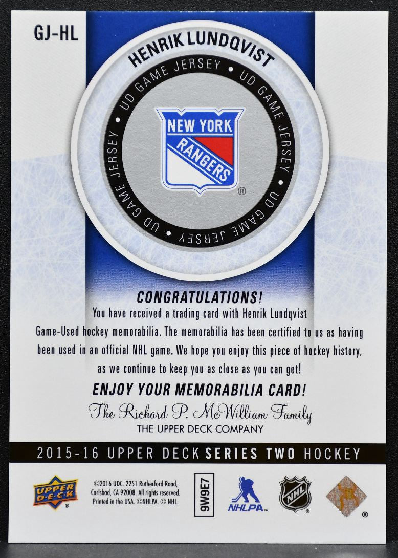2015-16 UD Series 2 UD Game Jerseys Henrik Lundqvist GJ-HL Rangers Jersey 0127