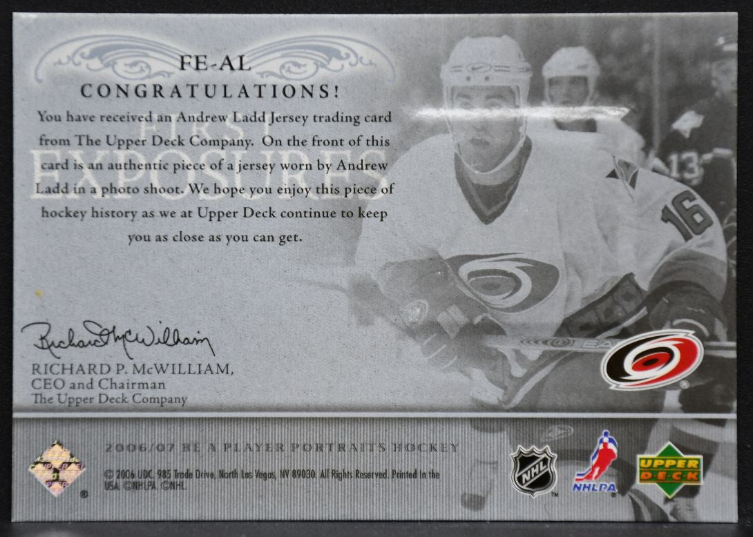 06-07 Be A Player Portraits First Exposures Andrew Ladd FE-AL Hurricanes Jersey 2479