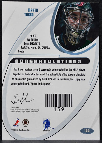 2002-03 In The Game Signature Marty Turco 165 Dallas Stars Auto 0439