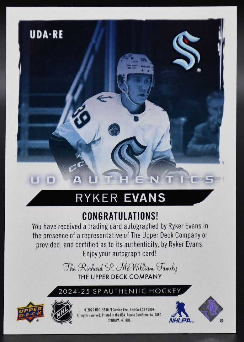 2024-25 SP Authentic Ryker Evans UDA-RE Seattle Kraken Auto
