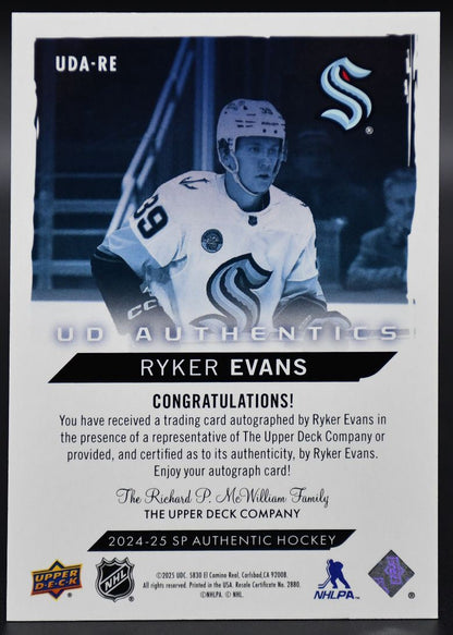 2024-25 SP Authentic Ryker Evans UDA-RE Seattle Kraken Auto