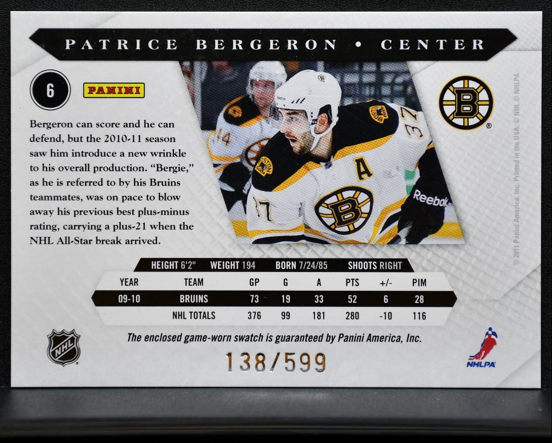 2010-11 Panini Luxury Suite Jersey Patrice Bergeron Bruins /599 Jersey 0339