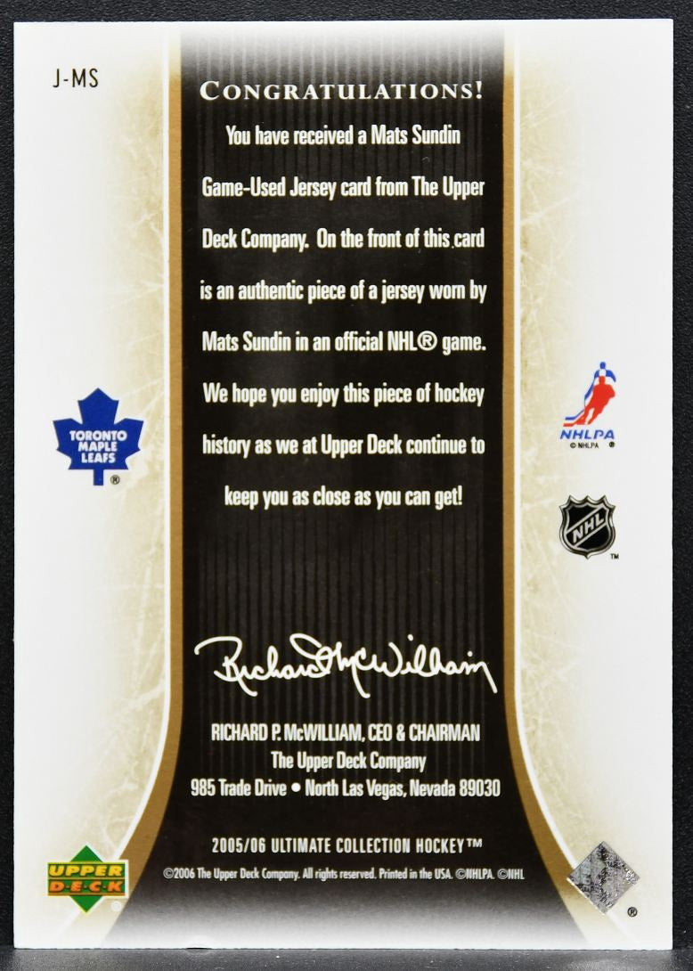2005-06 UD Ultimate Collection Jerseys Mats Sundin Maple Leafs Jersey 2341