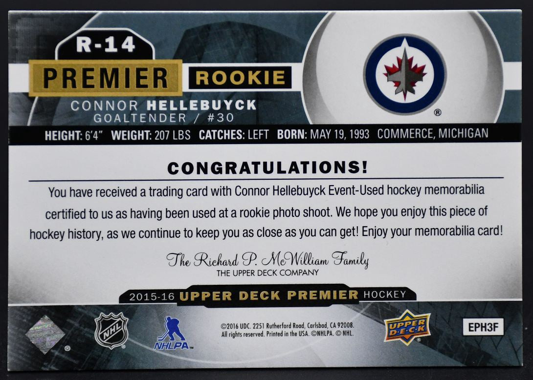 2015-16 UD Premier Rookies - Jersey Connor Hellebuyck R-14 Winnipeg Jets Jersey