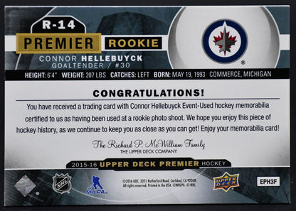 2015-16 UD Premier Rookies - Jersey Connor Hellebuyck R-14 Winnipeg Jets Jersey