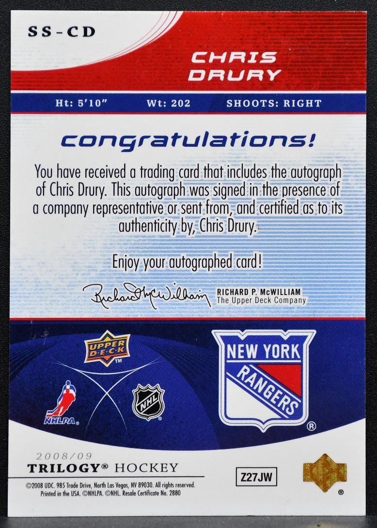 2008-09 Upper Deck Trilogy Superstar Scripts Chris Drury SS-CD Rangers Auto 9695