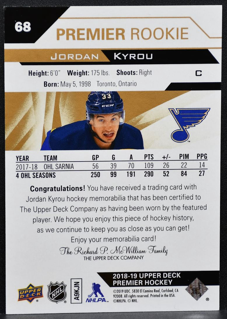 2018-19 Upper Deck Premier Rookie Jersey Jordan Kyrou 68 Blues RC Jersey 0691