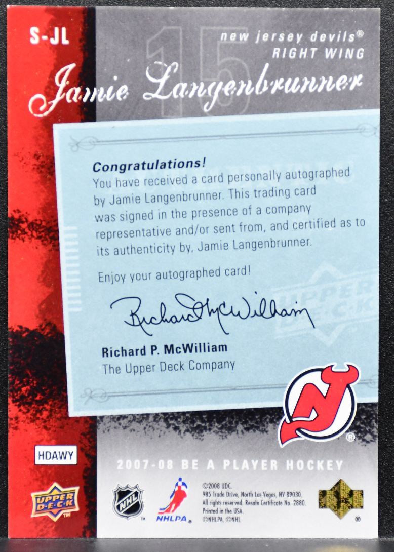 2007-08 Upper Deck Be a Player Signatures Jamie Langenbrunner Devils Auto 7331