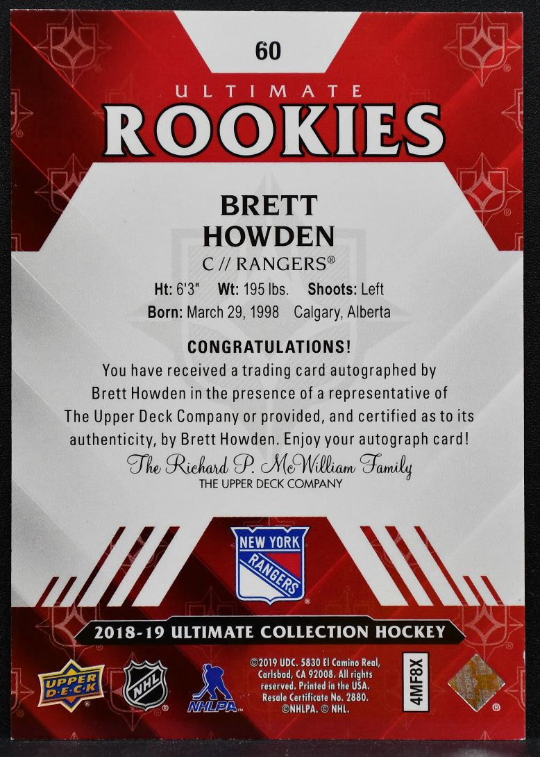 2018-19 UD Ultimate Collection Rookies Autograph Brett Howden RC Auto 2435