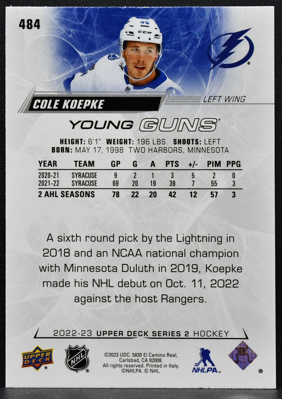 2022-23 Upper Deck Series 2 Young Guns Cole Koepke 484 Lightning RC 3789
