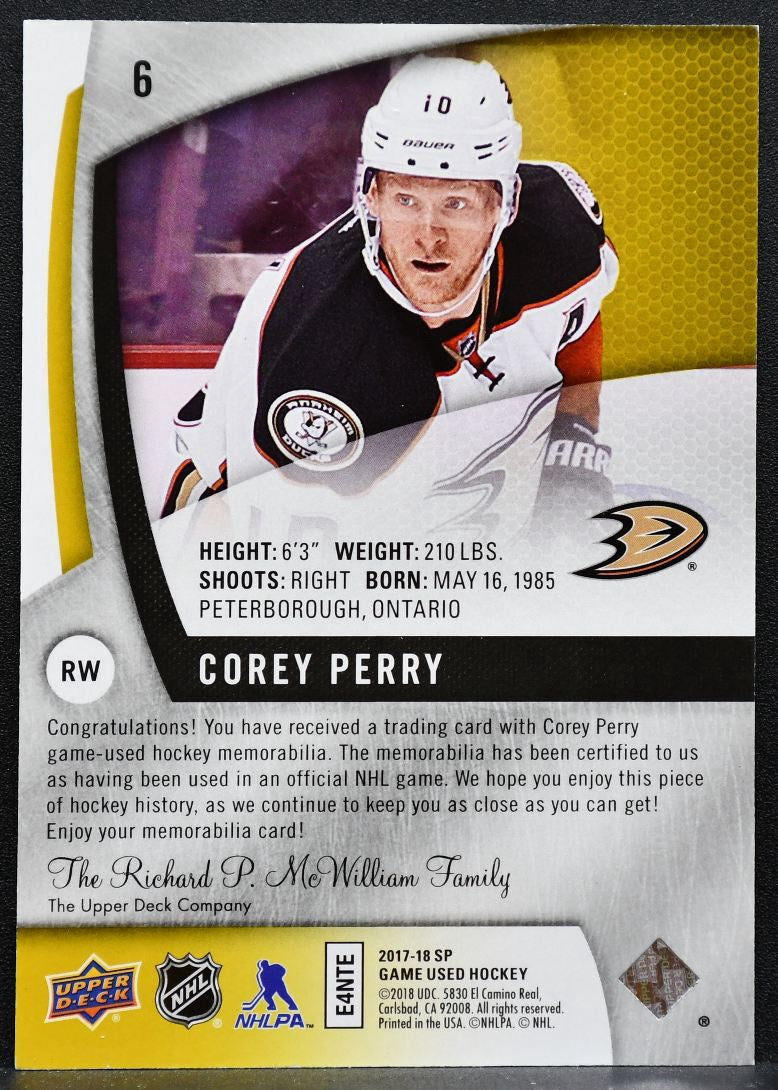 2017-18 SP Game Used Jersey Relics Gold Corey Perry 6 Anaheim Ducks Jersey 6465