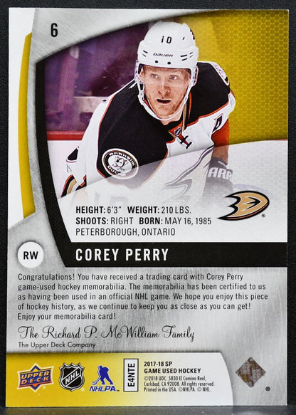 2017-18 SP Game Used Jersey Relics Gold Corey Perry 6 Anaheim Ducks Jersey 6465