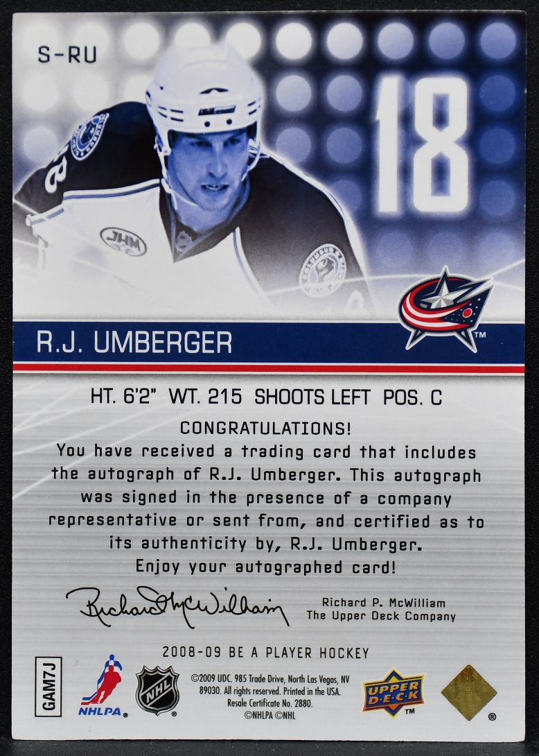 2008-09 UD Be a Player Signatures R.J. Umberger S-RU Blue Jackets Auto 1981