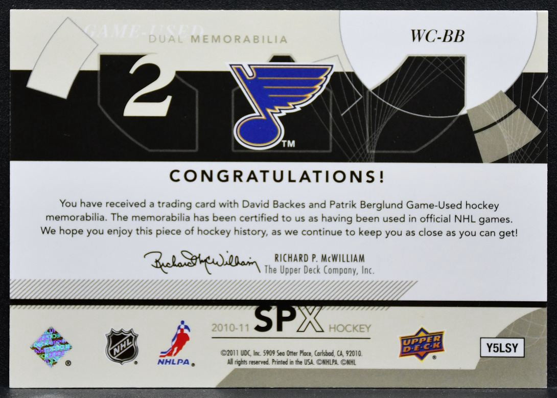 2010-11 SPx Winning Combos David Backes/Patrik Berglund WC-BB Blues Jersey 3301