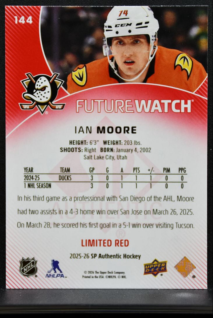 2025-26 SP Authentic Future Watch Limited Red Ian Moore Anaheim Ducks RC 8495