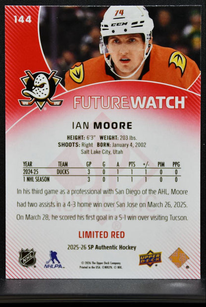 2025-26 SP Authentic Future Watch Limited Red Ian Moore Anaheim Ducks RC 8495