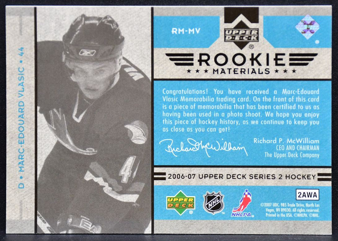 2006-07 UD Series 2 Rc Materials Marc-Edouard Vlasic RM-MV Sharks RC Jersey 3299