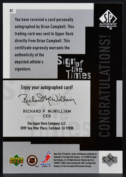 1999-100 SP Authentic Sign of the Times Brian Campbell BC Sabres Auto 2261