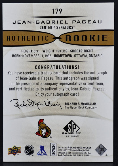 2013-14 SP Game Used Gold Autographs Jean-Gabriel Pageau Ottawa Senators RC Auto