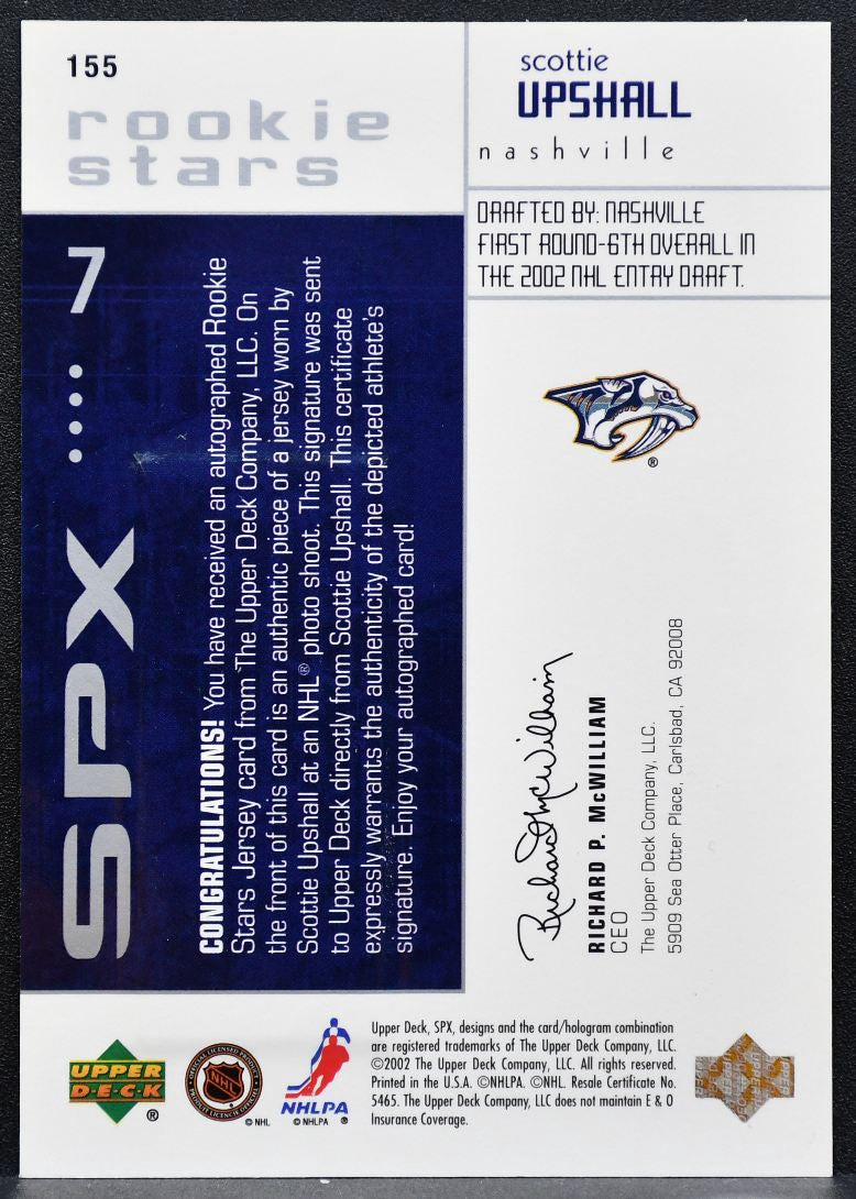2002-03 SPx Rookie Stars Signature Scottie Upshall 155 Predators RC Auto 1716