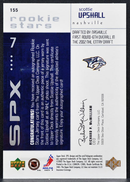 2002-03 SPx Rookie Stars Signature Scottie Upshall 155 Predators RC Auto 1716