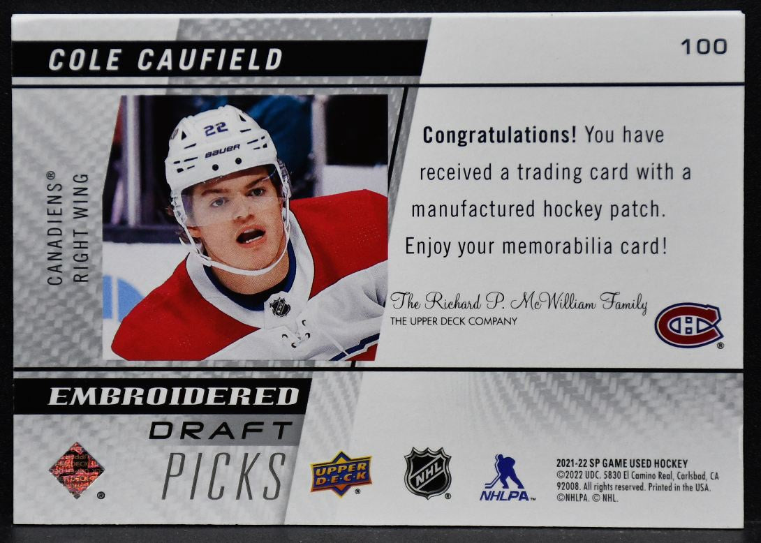 2021-22 SP Game Used Embroidered Draft Picks Cole Caufield 100 RC Patch