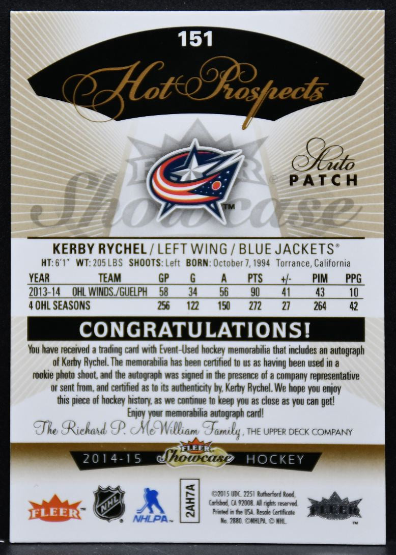2014-15 Fleer Showcase Hot Prospects Auto Patch Rychel 151 RC Auto Patch 4082