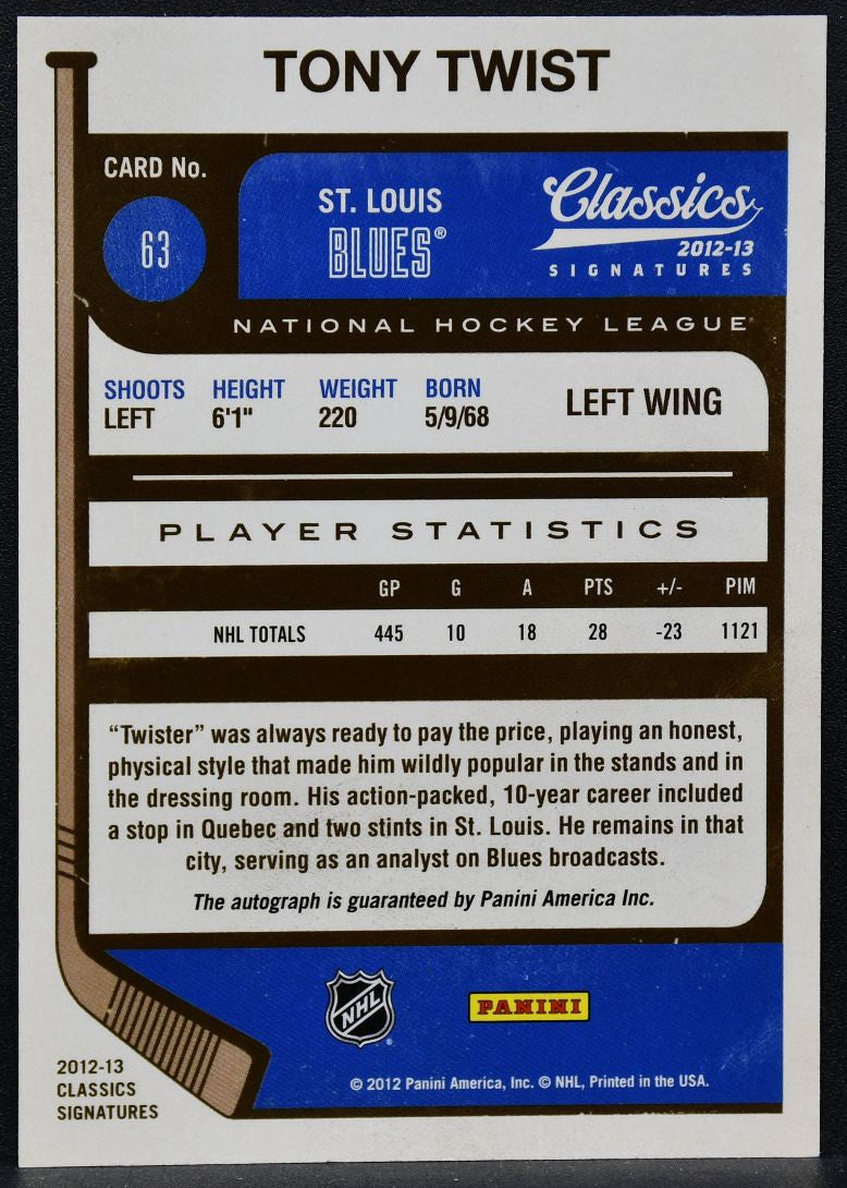 2012-13 Panini Classics Signatures Tony Twist 63 St. Louis Blues Auto 2903