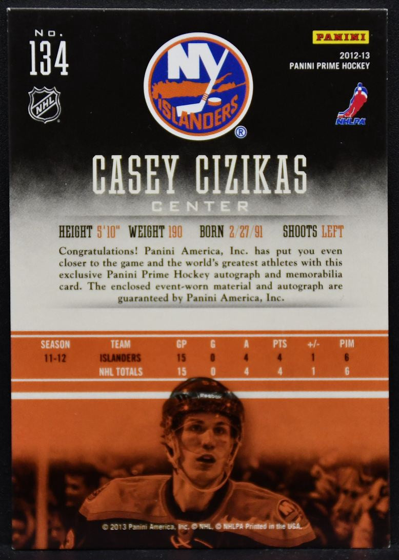 2012-13 Panini Prime Rookies Auto Jersey Casey Cizikas 134  RC Auto 031/249