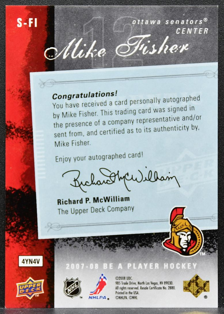 2007-08 Upper Deck Be A Player Signatures Mike Fisher S-FI Senators Auto 9097