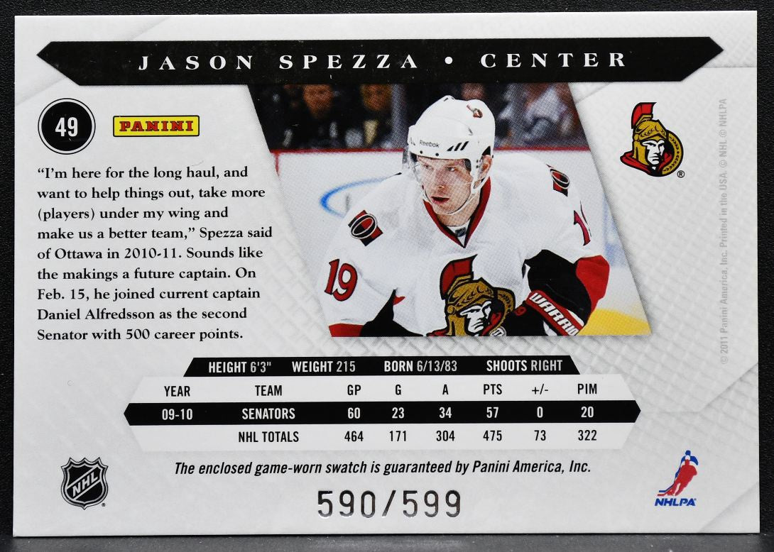 2010-11 Panini Luxury Suite Jersey Jason Spezza 49 Senators 590/599 Jersey 3575
