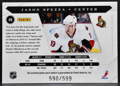 2010-11 Panini Luxury Suite Jersey Jason Spezza 49 Senators 590/599 Jersey 3575