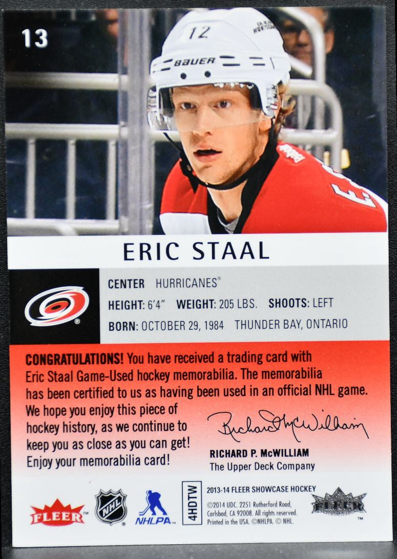 2013-14 Fleer Showcase Jersey Red Glow Eric Staal Hurricanes 13302 Jersey 2782
