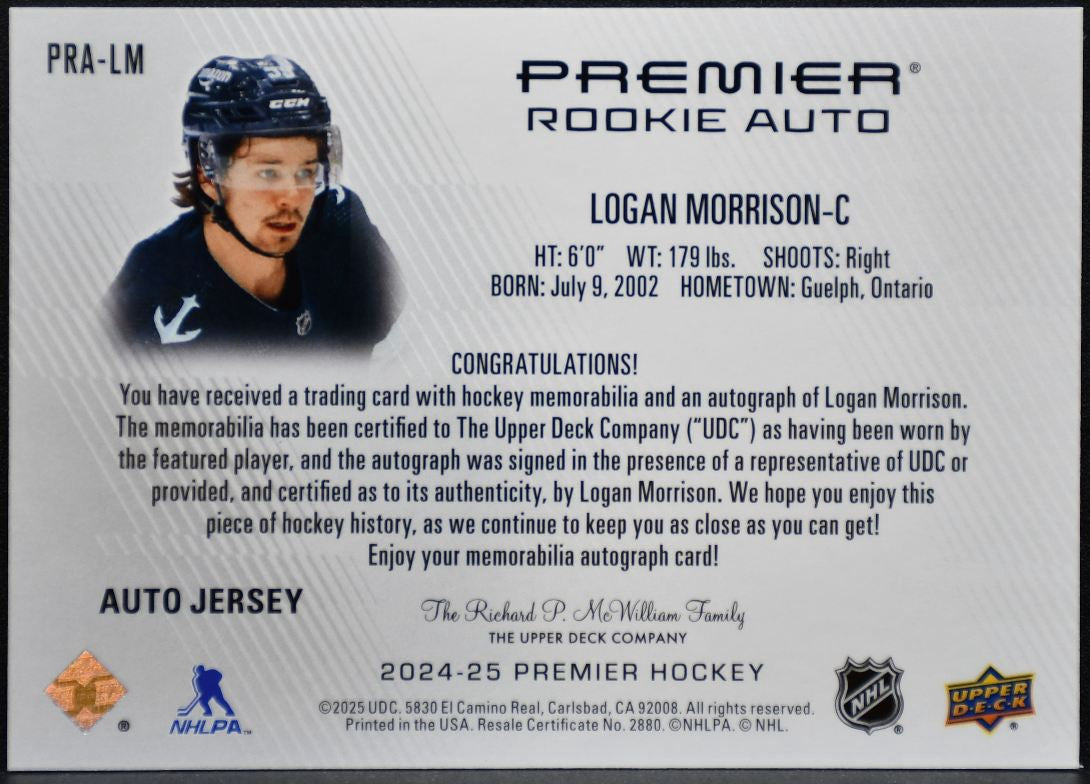 2024-25 UD Premier Rookie Auto Morrison Seattle Kraken RC Auto /99 Jersey 3871