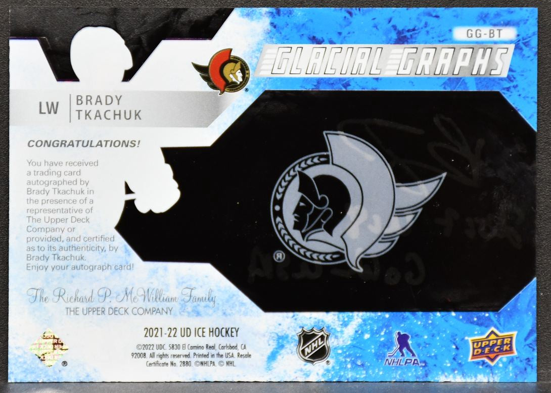 2021-22 UD Ice Glacial Graphs Black Brady Tkachuk GG-BT Ottawa Senators Auto /25 4627