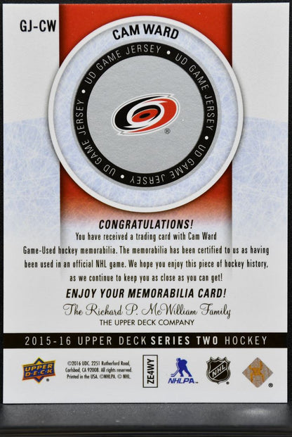 2015-16 UD Series 2 UD Game Jersey Cam Ward GJ-CW Jersey 5419