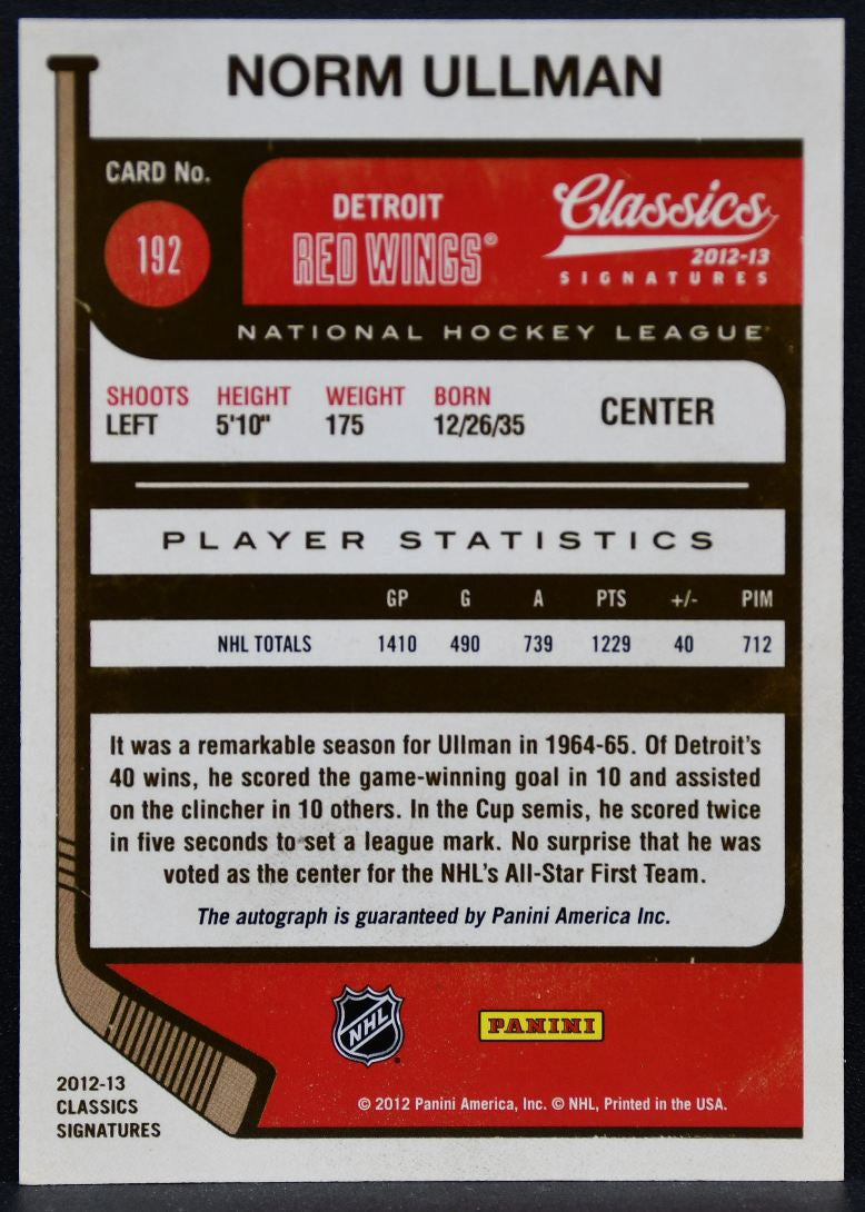 2012-13 Panini Classics Signatures Autographs Norm Ullman 192 Auto 4679
