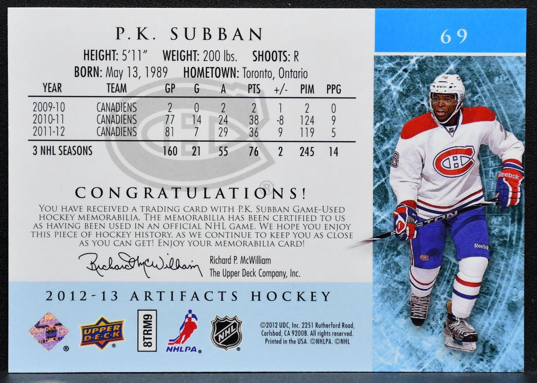 2012-13 Upper Deck Artifacts Jerseys P.K. Subban Canadiens 041/125 Jersey 8528