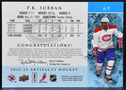 2012-13 Upper Deck Artifacts Jerseys P.K. Subban Canadiens 041/125 Jersey 8528