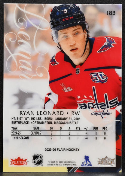 2025-26 Flair Rookie Ryan Leonard 183 Washington Capitals RC 8761