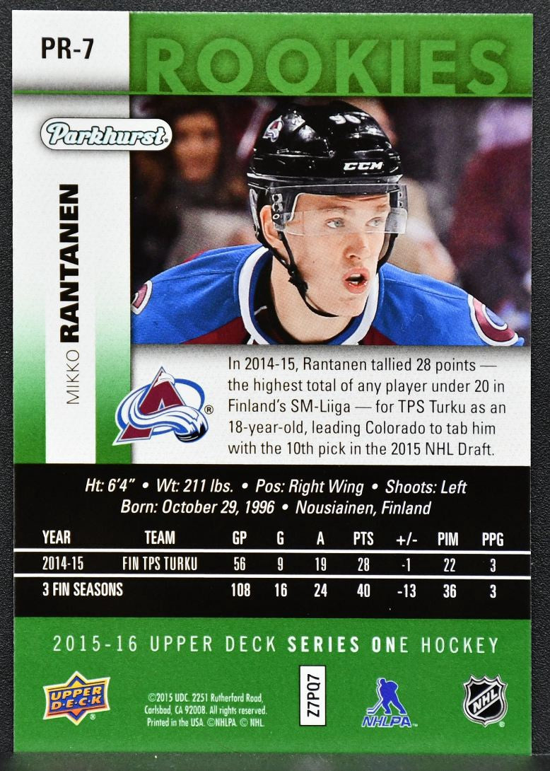 2015-16 UD Series 1 Parkhurst Rookies Mikko Rantanen PR-7 Colorado Avalanche RC 4916