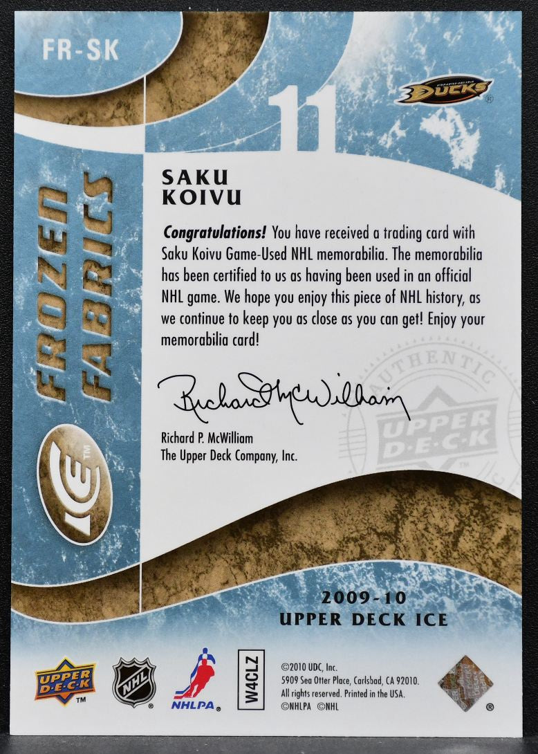 2009-10 Upper Deck Ice Frozen Fabrics Saku Koivu FR-SK Anaheim Ducks Jersey 9631