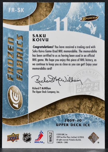 2009-10 Upper Deck Ice Frozen Fabrics Saku Koivu FR-SK Anaheim Ducks Jersey 9631