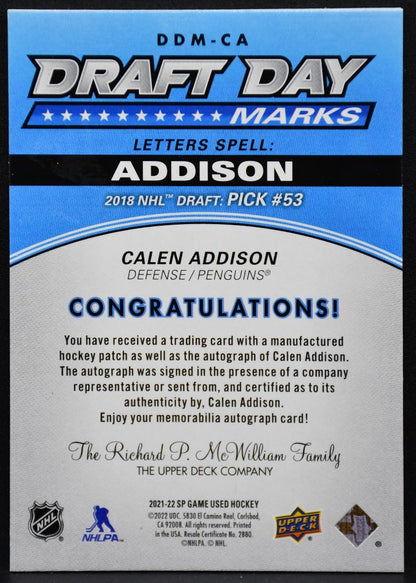 2021-22 SP Game Used Draft Day Marks Calen Addison DDM-CA RC Auto Patch 0886