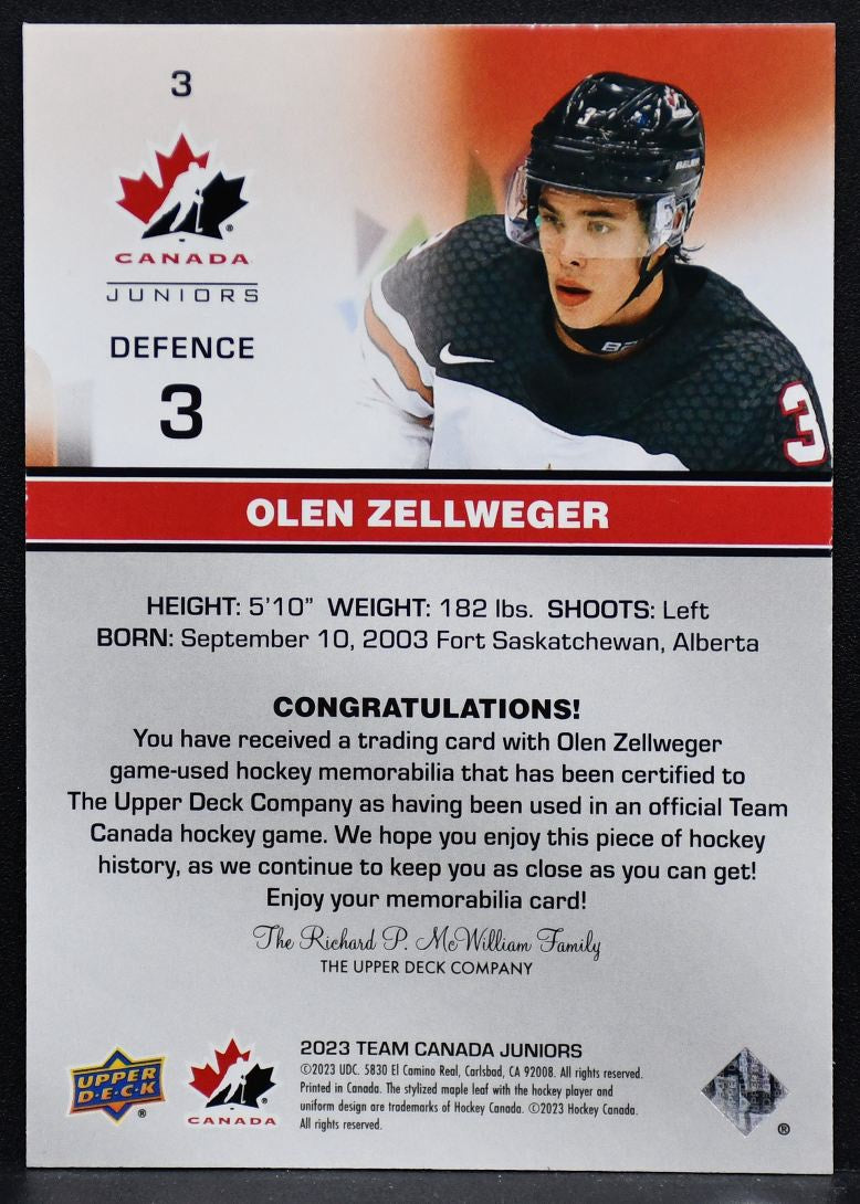 2023-24 UD Team Canada Juniors Olen Zellweger 3 Team Canada Jersey