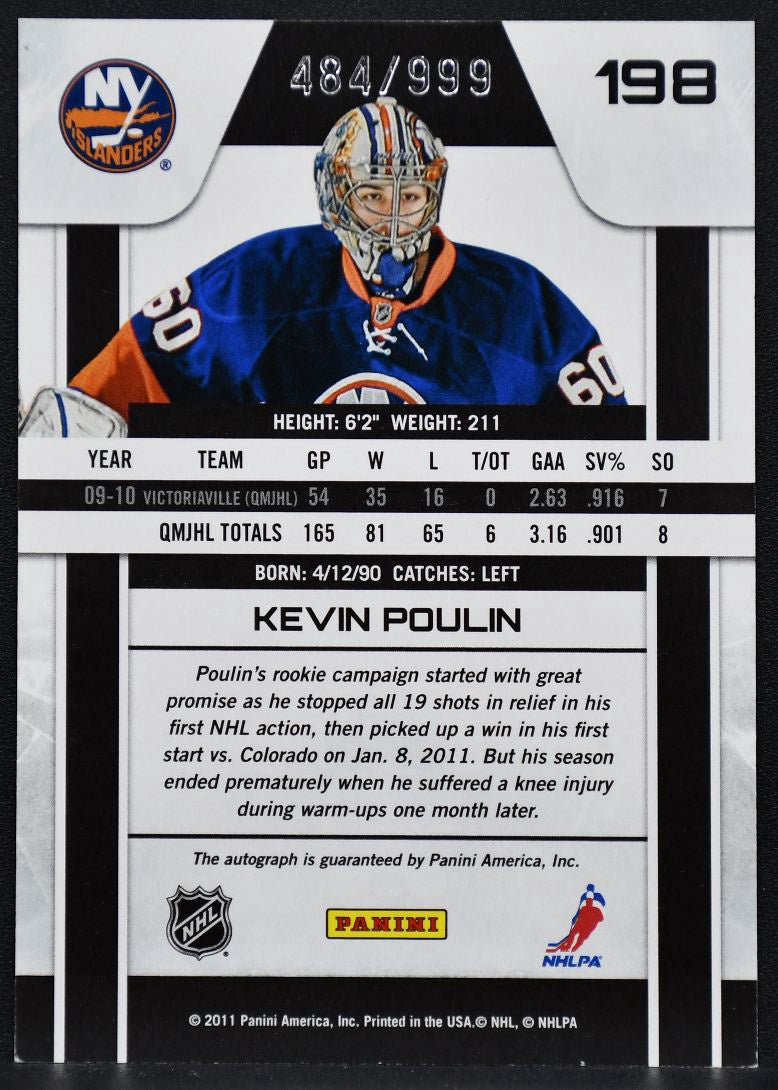 2010-11 Panini Zenith Rc Auto Kevin Poulin 198 Islanders RC Auto 484/999 2643