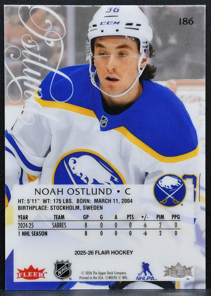 2025-26 Flair Rookie Noah Ostlund 186 Buffalo Sabres RC 8686